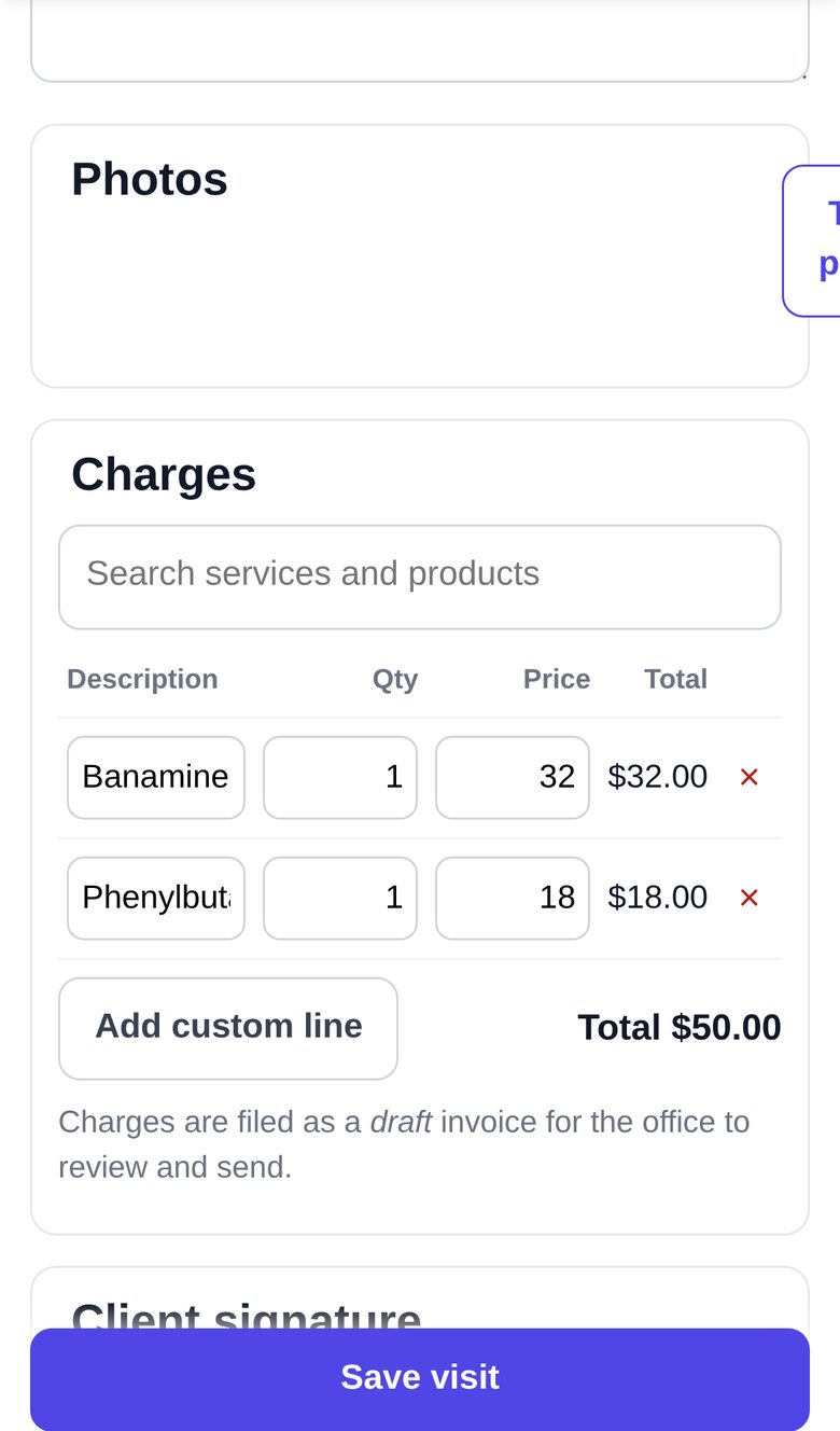 VetPro Field Visit adding charges during a barn call