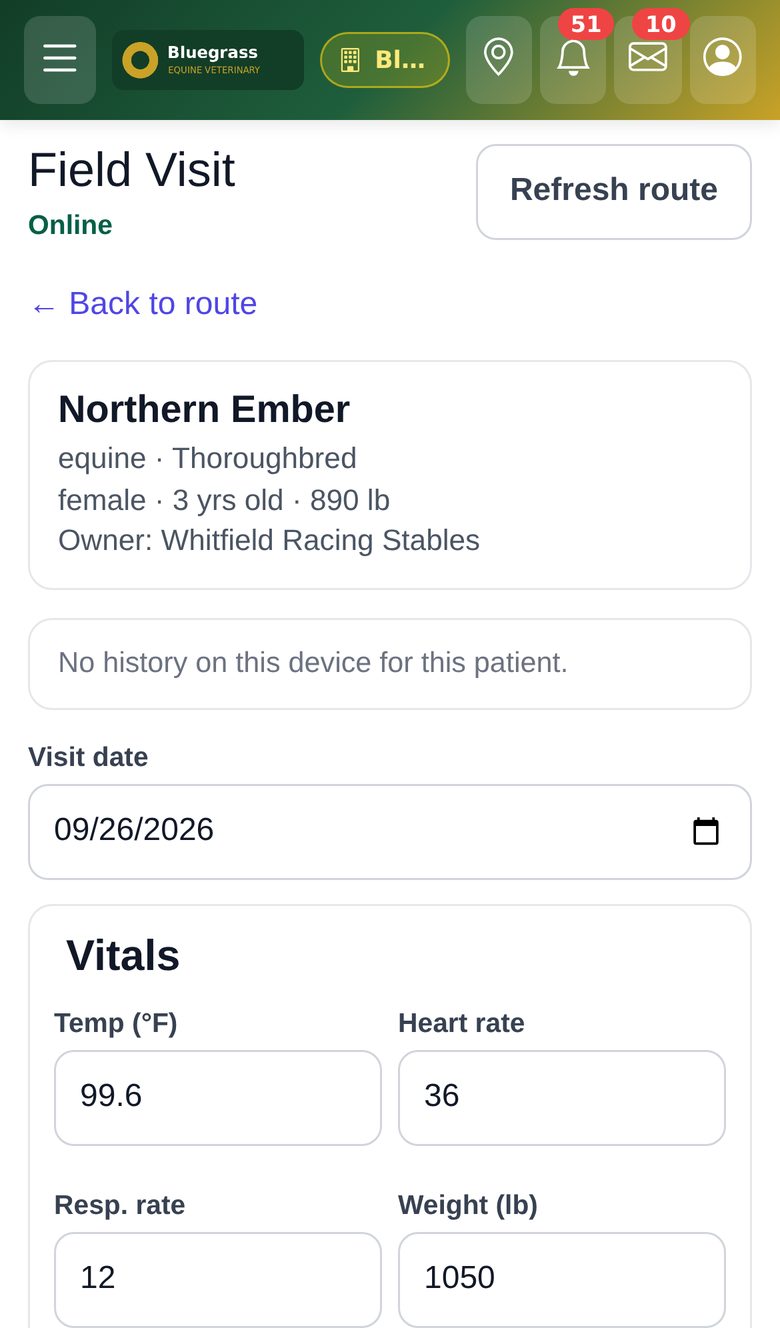 VetPro Field Visit on a phone showing a barn-call visit