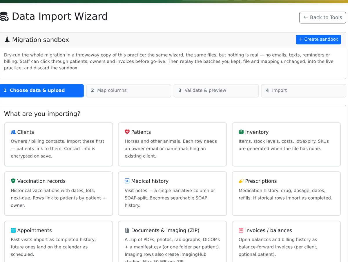 VetPro Data Import Wizard previewing rows before import